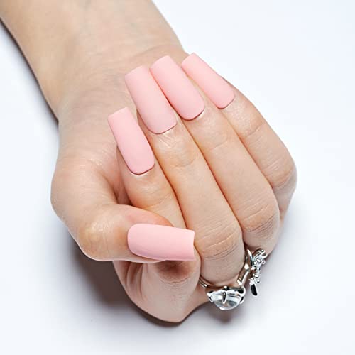 GLAMERMAID Square Press on Nails Long - Handmade Series | Light Pink Medium Fake Nails Gel Matte UV Acrylic False Nail Kits Stick Glue on Nails Static Nails Reusable Full Cover for Women, 24Pcs