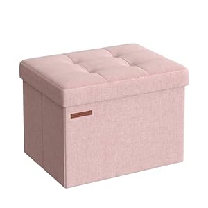SONGMICS Small Folding Storage Ottoman, Foot Rest Stool, Cube Footrest, 12.2 x 16.1 x 12.2 Inches, 286 lb Load Capacity, for Living Room, Bedroom, Home Office, Dorm, Jelly Pink ULSF102R01