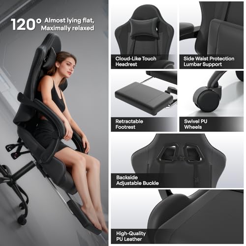 Athena Collection Gaming Chair, Ergonomic Gaming Chair with Footrest & Headrest Lumbar Support, Height Adjustable Swivel Computer Chair Office Chair for Kids Adults(Carbon Fiber Black)