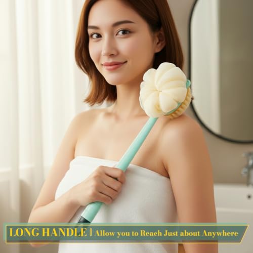 Image of MAYCREATE Long Handle Back Scrub Brush Double-Sided Bathing Tool for Shower | Double-Sided Exfoliation, Easy Reach for Back Care, Bath Puff Texture, Helps Remove Dead Skin During Shower Use