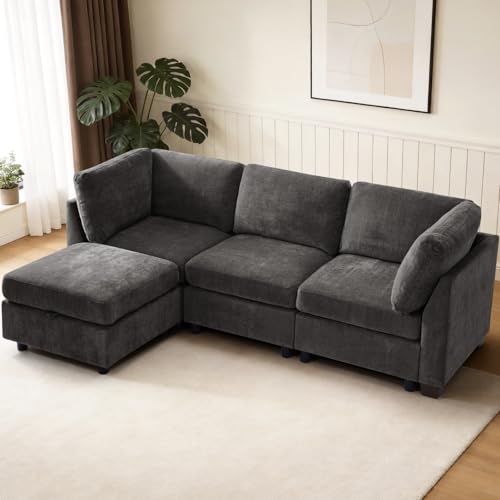 Image of TEKAMON 94 inch L Shaped Modern Sofa Modular Sectional Couch with Ottoman, 4-Seat Chenille Deep Seat Sofa for Living Room, Bedroom and Apartment, Dark Grey