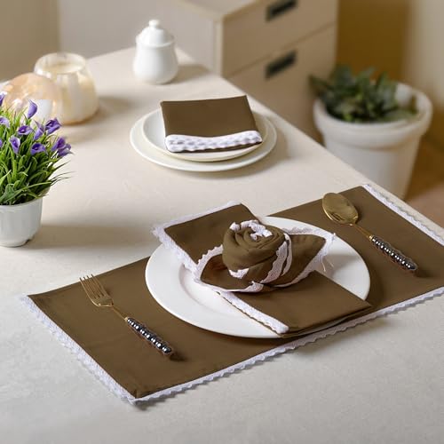Image of FINGERCRAFT Lace Trim Cloth Napkins Set of 6, 20x20 Inch Cotton Linen Blend Dinner Napkins, Reusable Washable Table Napkins for Wedding, Farmhouse Dining, Parties & Home Decor (Brown)
