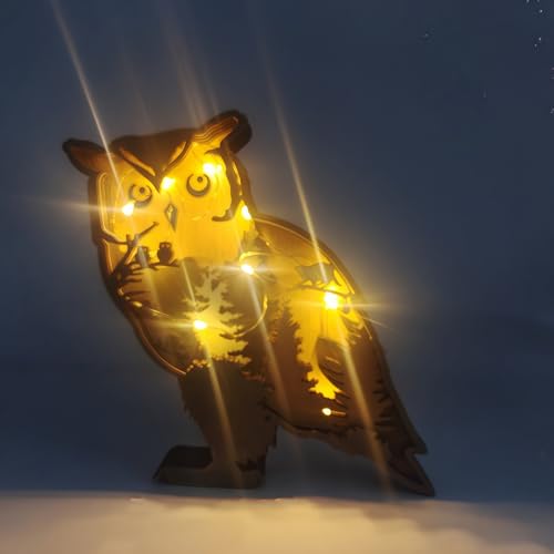 Drawelry 3D Animaux Sculpture en Bois Ornement avec LED Veilleuse, Wooden Artisanat Lumineux Forêt Loup Renard Ours Aigle Statue Décoration Cadeau pour Salon...