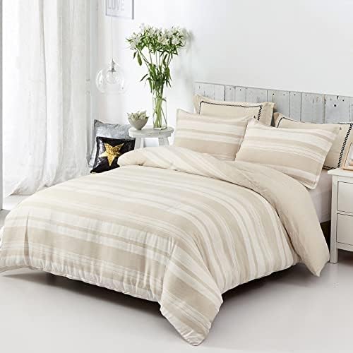 Stripe Duvet Cover King Size Beige Reversible Quilt Cover Soft Microfiber Bedding Set with 2 Pillow Cases (Beige, 220x230cm)