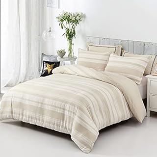 Stripe Duvet Cover King Size Beige Reversible Quilt Cover Soft Microfiber Bedding Set with 2 Pillow Cases (Beige, 220x230cm)