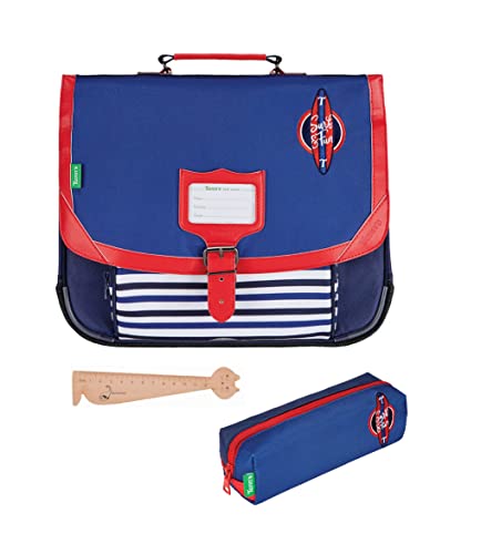 TANN'S Boys' School Bag 38 cm + Assorted Rectangular Pencil Case + Blumie Cat Wooden Bookmark, Hugo, 38 cm, Casual