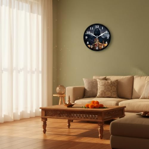 Image of Lord Shiva & Kedarnath Temple Wall Clock for Modern Home Decor | Luxury Round Analog Silent Non-Ticking Spiritual Adiyogi Watch for Elegant Living Room & Puja Room, Black Frame