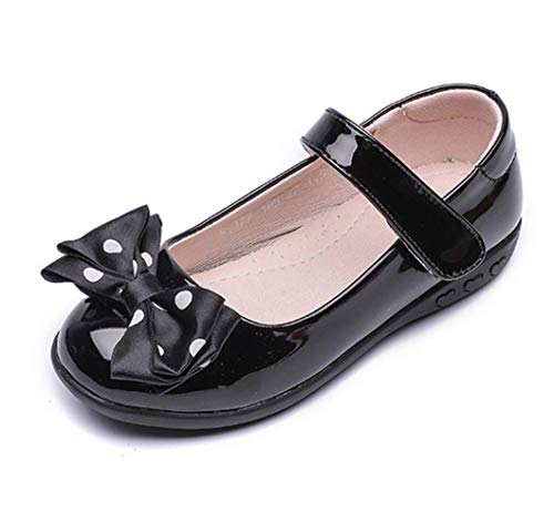 Girls Patent Leather Black School Uniform Polka Dot Bow Outdoor Dress Mary Jane Flat Shoes(Toddler/Little Kid)