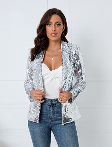 Iwfev Women's Sequins Blazer Long Sleeve Sparkle Open Front Jacket Shawl Collar Cardigan Xl Silver #TOP6