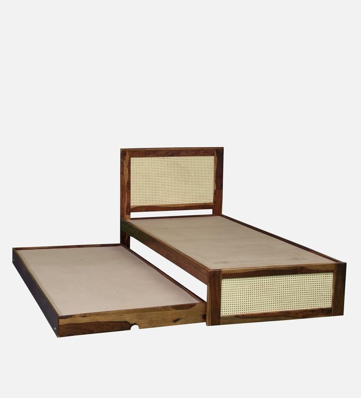 Image of Solid Sheesham Wood Jaipori Single Size Trundle Bed with 1 Extra Pullout Bed | Wooden Single Bed Cot Palang Furniture for Bedroom Living Room Home and Hotel (Provincial Teak Finish)