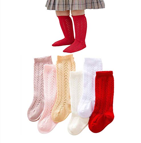 FYBITBO 6 Pack Baby Girl Knee High Socks Tube Ruffled Long Stockings Cotton Bows Socks for Newborn Toddler