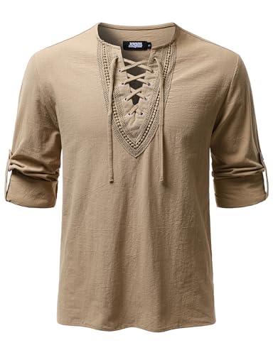 Image of JOGAL Mens Renaissance Shirt Medieval Pirate Viking Halloween Costume Gothic Steampunk Retro Long Sleeve Lace Up Shirts