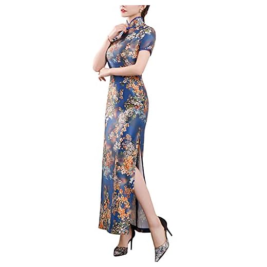 Vestido de luxo maxi Cheongsam manga cavada gola manarim slim fit fenda lateral vestido qipao chinês festa noite formal, #12-11 Azul royal, 40