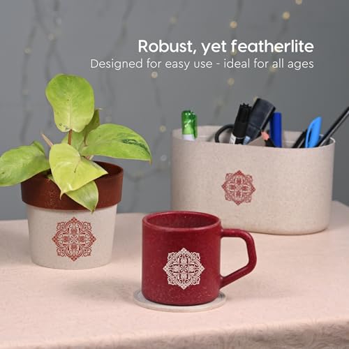 Image of Eha Earth-Friendly Wedding Gifts for Couple | Gifts Made with Rice Husk Biocomposite | One Printed Mug and Coasters Set of 2, Planter, Keychain, Loopac Box | 200 ml | Coral