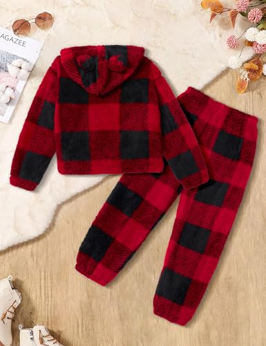 Image of Shallmu Girls Fuzzy Bear Ear Plaid Hoodie Pullover Sweatshirt with Pocket Sweatpants Fall Winter 2 Piece Outfits