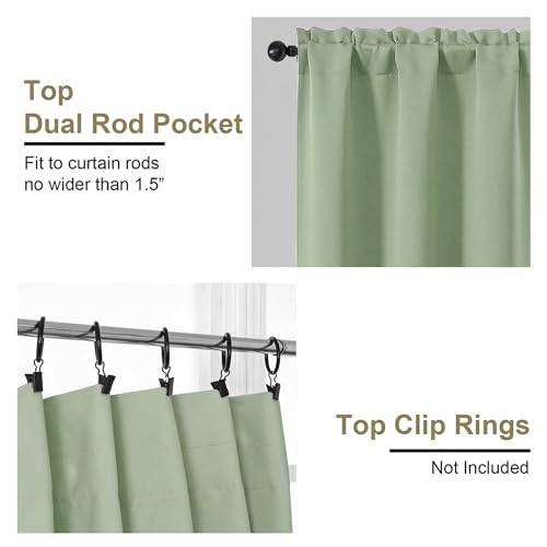 Image of Light Green Blackout Curtains for Bedroom 63 Inch Length 2 Panels, Protect Privacy Thermal Insulated Solid Curtains for Living Room, Rod Pocket Window Treatment Blackout Drapes, 2x40Wx63L Inches
