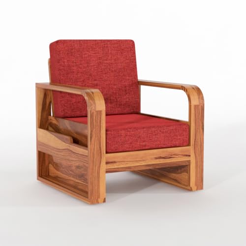 Image of Solid Sheesham Wooden 1 Seater Sofa for Living Room | Sofa with Side Pocket Storage & Cushion | Rosewood Sofa Set for Home (Honey with Red Cushion, 1 Seater)