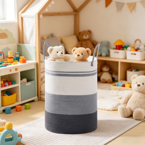 Image of 72L Large Tall Cotton Rope Laundry Basket with Handle, Grey Striped