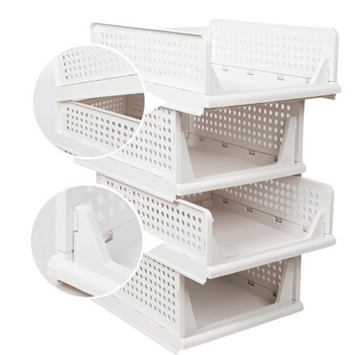 Uni HIMO 4 Pack Plastic Stackable Storage Drawer Bins Basket-Foldable Closet Organizers Box Container for Clothing Kitchen Bedroom Office, White (white, 4 Pack 4 L)