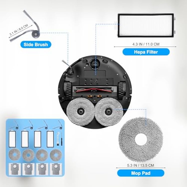 Accessories Kit for roborock Saros Z70 Robot Vacuum Cleaner, 4 HEPA Filters, 4 Mop Pads, 4 Side Brushes, 4 Dust Bags, 1 Cleaning Brush, 1 Screwdriver