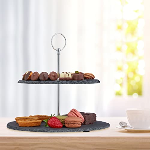 Foto von Relaxdays Etagere, 2 Etagen, Schiefer, Kuchen, Snacks, Obst, Metallgriff, Servierständer, HxD 23x25 cm, anthrazit/silber, 1 Stück