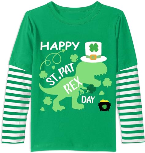 DDSOL Toddler Boy Girl St. Patrick's Day Shirt Baby Lucky Green Shamrock Dinosaur Tshirt Stripe Outfit Long Sleeve Clothes Cotton Kid Saint Irish Tee Top Size 5T
