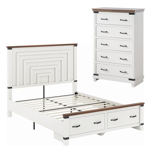 AMERLIFE 2 Pieces Farmhouse Bedroom Set, Includes Wood Rustic Queen Size Bed Frame with 54' Tall Headboard, 48' Tall 5 Drawers Dresser Chest, Heavy Duty Thick Plank Styling, Antique White