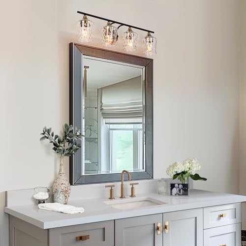Image of KSANA 28 inch Large Bathroom Vanity Lights, 4 Light Mid-Century Modern Vanity Light with Textured Glass Shade Black and Electroplated Brass Bathroom Light Fixtures for Hallway, Entryway