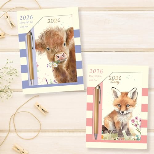 2026 Diary & Pen Gift Set Highland Cow - Slim Week to View Diary & Gold Ballpoint Pen Gift Box - Cute Animal Weekly Planner Travel Wallet Size - Image 2