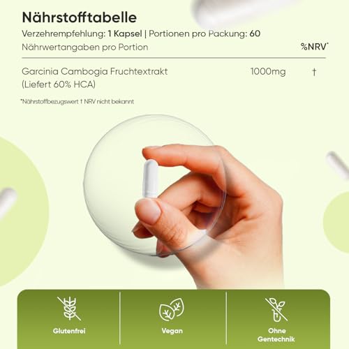 Garcinia Cambogia Fruchtextrakt - 1000mg pro Kapsel - 60% Hydroxycitronensäure - 2 Monate Vorrat - 60 vegane Kapseln - Glutenfrei - Pure Garcinia Malabar Tamarind von WeightWorld
