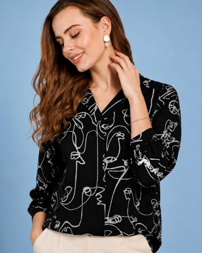 Image of Women Abstract Printed White V Neck Top, Three Quarter Sleeve, Regular Fit, Casual Office Wear