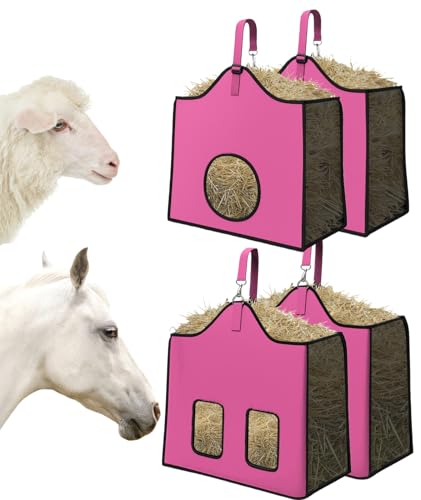 Gydoty Hay Feeder for Goats and Horses - Slow Feed Design, Heavy Duty Hanging Hay Bag for Barn, Trailer & Paddock, Easy to Hang & Clean(2pcs, Pink)