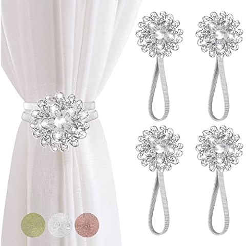 FACIACC Magnetic Curtain Tiebacks, 4-Pack Decorative Drapery Curtain Buckle with Strong Spring Rope & Flower Magnetic Crystal, Curtain Holder for Home Window Kitchen Treatment (FLOWER-Silver) Cover