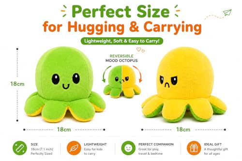 Image of Reversible Octopus Plush Toy 18 cm | Flip Mood Soft Toy | Double-Sided Happy & Angry Expression | Super Soft Stuffed Animal Plushie | Cute Kids Gift, Stress Relief Toy, Home Decor (Green - Yellow)