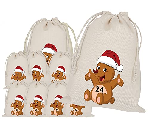 Adventskalender zum Befüllen, Teddy, Teddybär, 24 Stoffbeutel ca. 15x20cm Groß, Bedruckt, Weihnachten Geschenksäckchen, DIY Adventskalender Säckchen, Selber Befüllen, Weihnachtskalender