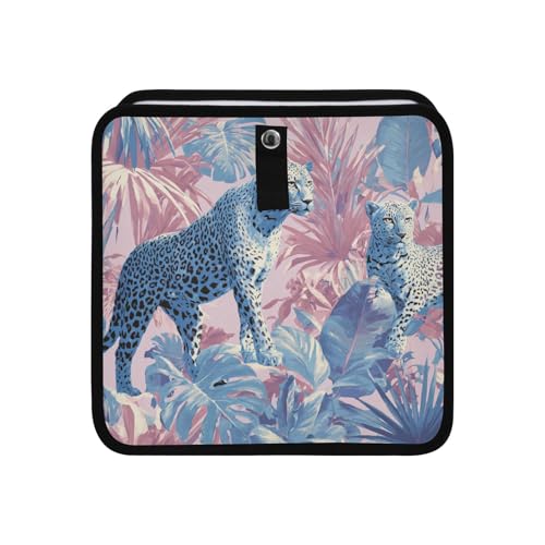Image of Car Trash Can Organizer Bin with Adjustable Strap for Back Front Seat Console Waterproof Leakproof Collapsible Portable 11 Inch Cute Cheetah and Palm Leaves