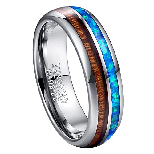 Mens Tungsten Wedding Bands - 8mm Created Blue Opal/Fire Opal Rings Hawaiian Koa Wood Inlay Ring Dome Style Comfort Fit Size 5-15