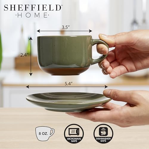 Sheffield Home Elegant Coffee Mug Set - Set of 4 Stoneware 8oz Cups with Saucers – Dishwasher and Microwave Safe Ceramic - Ideal for Cappuccino, Espresso, Latte, or Tea - Assorted Neutrals