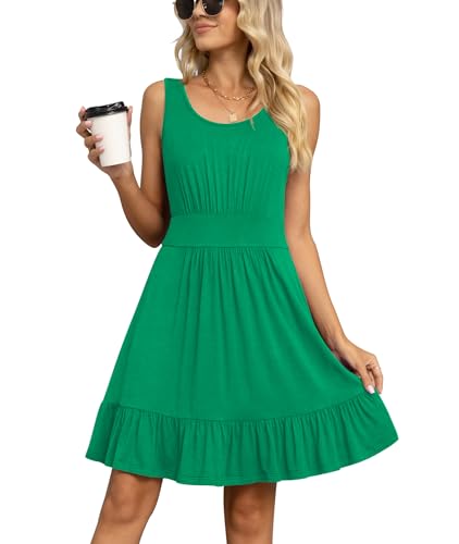 LILBETTER Womens Short Sleeveless Dress Knee Length Pleated Tank Dress(Bright Green, Small)