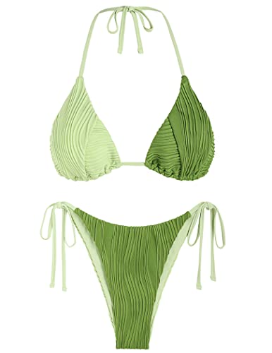ZAFUL Bikini Bathing Suit for Women Halter 2 Piece Bikini Sets Adjustable Self Tie Strings Removable Pads Swimsuit Green L