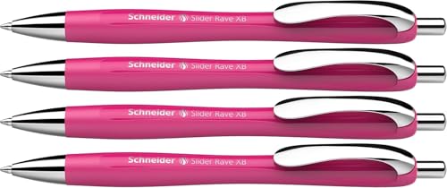 Image of Schneider Slider Rave XB 132554 Ballpoint Pen (Soft Writing without Scratching for Long Texts at School, University and Work) Pack of 4, Bright Pink, Ink: Blue