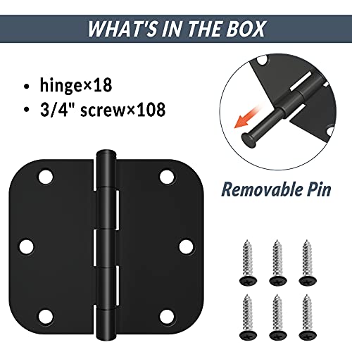18 Pack Rounded Door Hinges 3.5 X 3.5 Inch, 5/8 Radius, Matte Black #TOP2
