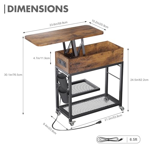 Image of Colima Lift Top End Table with Charging Station and Wheels (Rustic Wood) | Sofa Side Table with USB Port & AC Outlets, Movable Bedside Nightstand with Side Bag for Office Living Room Bedroom