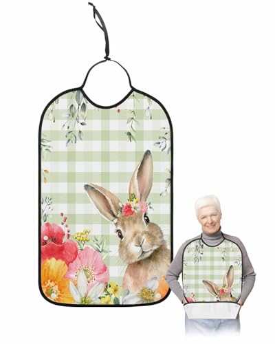 Easter Green Plaid Adult Bib for Adults Men, Women, Washable & Adjustable Terry Cloth Bib with Crumb Catcher Reusable Waterproof Clothing Clothes Protector Apron Eggs Bunny Tulips Eucalyptus Leaves