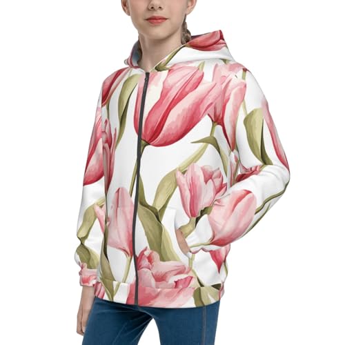 Hand Painted Watercolor Tuilp Kid Hoodies Boys Zip Up Sweatshirts Girls Pullover with Pocket