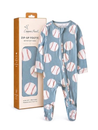 Copper Pearl Zip-Up Footie Baby Pajamas – Soft Newborn Sleep and Play for Boys &amp; Girls, Tag-Free with Two-Way Zipper Baby Sleepers for Newborn - Slugger, 12-18 Months