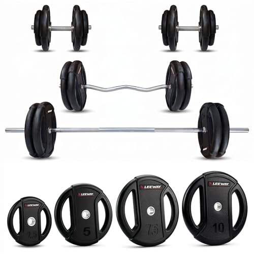 Image of Leeway 100kg Combo | Home Gym Set for Men | Barbell Rod with Plates and Dumbbell Set | Dual Grip Rubber Coated Weight Plates, 3 Ft Curl + 5 Ft Rod (28mm) | Gym Equipments for Home Zym (2.5X4+5X4+7.5X4+10X4)