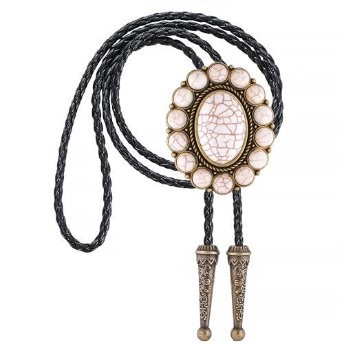 Image of GelConnie Bolo Tie for Men Women Western Cowboy Turquoise Leather Necktie | Natural Stone Bolo Tie Necklace for Women Rodeo Cowboy Leather Necktie Native American Western Cowgirl Ties Adjustable Cord