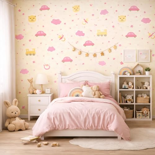 Image of Pink Baby Cartoon Theme Peel & Stick Wallpaper | Self Adhesive Nursery Wall Decor | Cute Kids Room Wallpaper 16 x 144 Inch