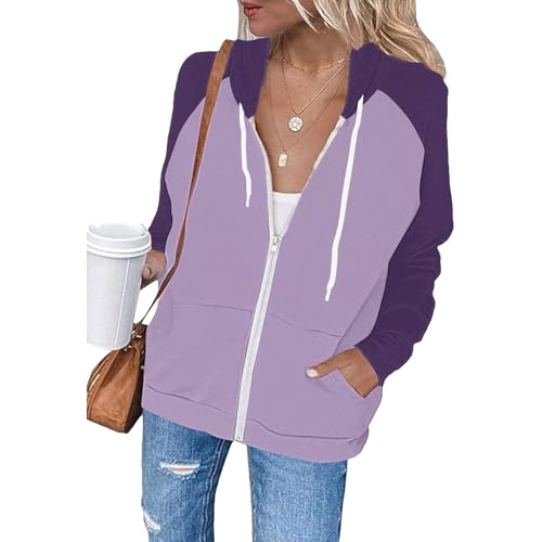 Heevina Zip Up Hoodie Women Color Block Drawstring Pockets Hoodies Sweatshirts Hooded Jackets Zipper Coat Fall Winter